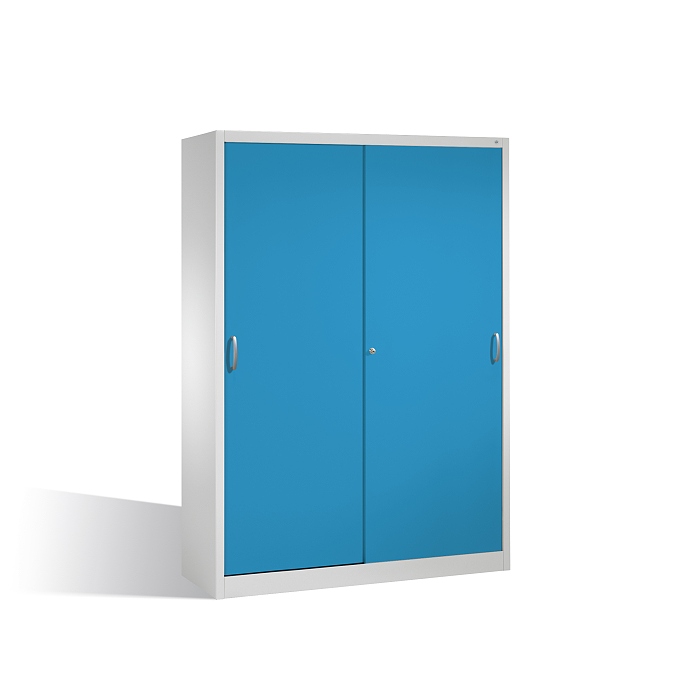 Nářaďová skříň s posuvnými dveřmi, 2x4 police 160x50x195 cm, sv. modré dveře - Kliknutím na obrázek zavřete