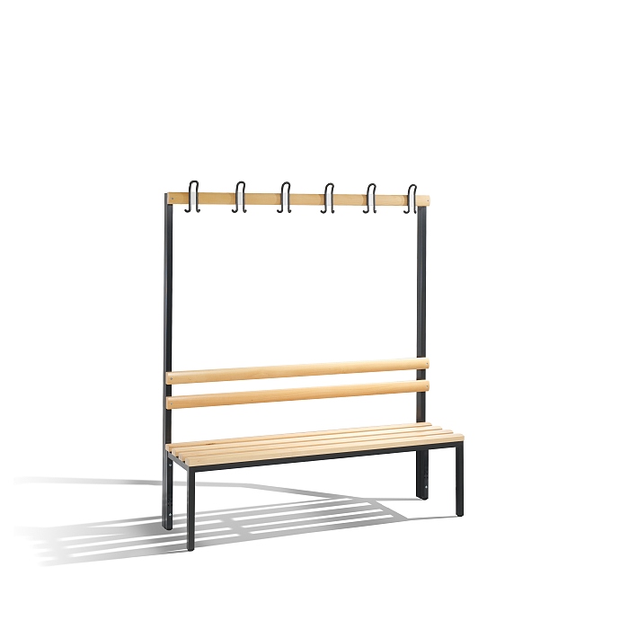 Volně stojící lavice do šatny s bukovým sedákem a 4 věšáky 150x35x165 cm - Kliknutím na obrázek zavřete