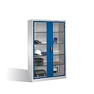 Kovová skříň na nářadí s prosklenými dveřmi, 4 police 120x50x195 cm, tm. modré dveře